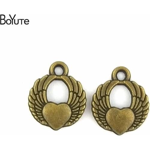 BoYuTe (100 Pieces/Lot) 14MM Vintage Zinc Alloy Heart Angle Wing Pendant Antique Bronze Plated Jewelry Findings and Components