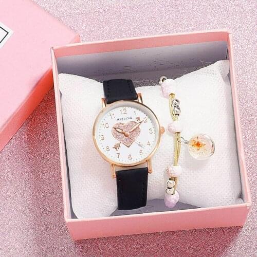 New Fashion Women Watches Luminous Heart-shaped Children students Bracelet Set Watch Casual Leather Quartz Wristwatch Clock