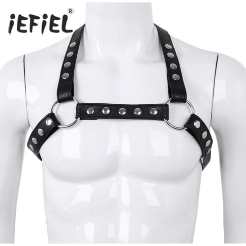 Hot Mens Adjustable Flexible Faux Leather X Shape Back Body Chest Harness Belt with Metal O-Rings Cosplay Club Bondage Costumes