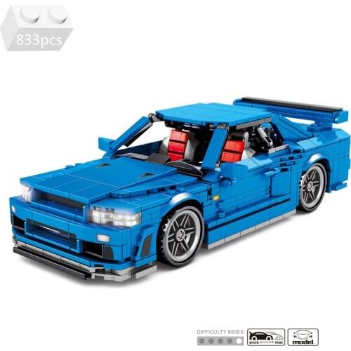 2021 City High-tech Sports Car GTR34 Model Building Blocks Kit Bricks Pull Back Supercar Speed Champions Toys For Children Gifts