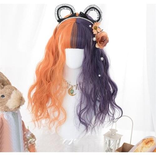 CosplayMix 60CM Lolita Orange Purple Ombre Long Curly Bangs Cute Synthetic Hair And Halloween Devil Horns Cosplay Wig