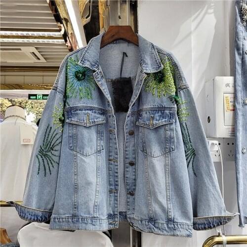 Streetwear Fashion Beading Sequins Flowers Denim Jacket Coat Women Loose Long Sleeve Short Outerwear Korean Jeans Jacket Female