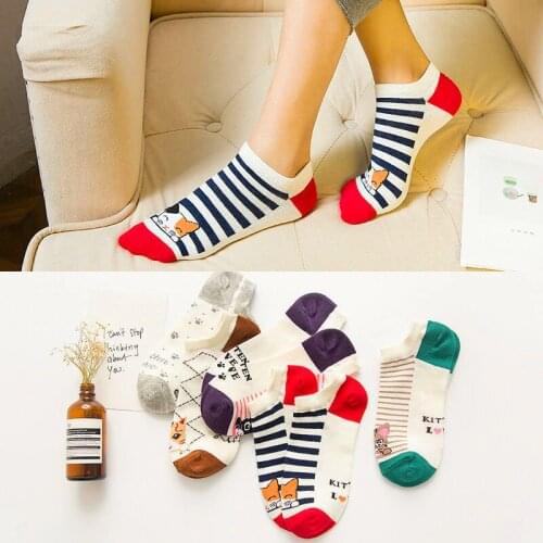 5Pairs Fashion Cartoon Animal Cat Bear Stripe Five Stars Short Sock Women Cute Funny Socks Female Casual Cotton Girl Ankle Socks