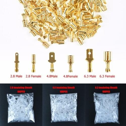 100Pcs/lot 2.8/4.8/6.3mm Female and male Crimp Terminal Connector Gold Brass/Silver Car Speaker Electric Wire Connectors Set