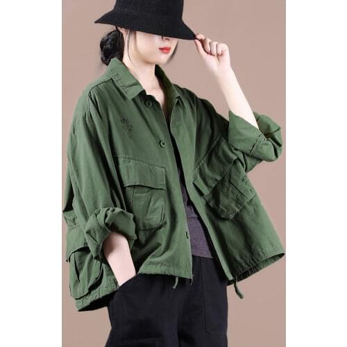 Autumn Coat 2020 New Womens Loose Large Size Clothing Leisure All-match Drawstring Large Pocket Tooling Short Jacket k1311