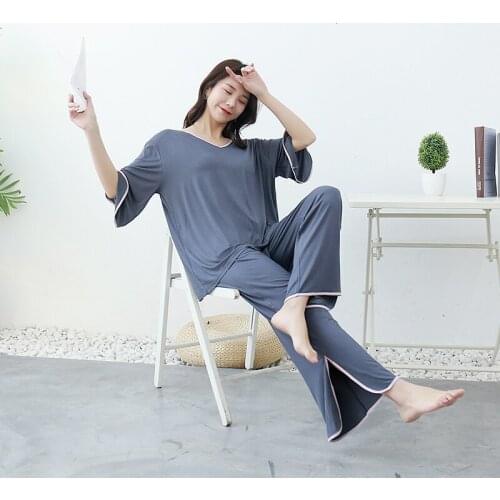 Backless Pajamas Set Women Summer Mom Cotton Sexy Pyjamas 2Piece/Set Long Shirt Pants Big Size Home Fashion Sleepwear