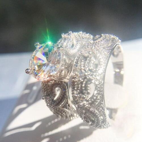 Luxury Brand Fashion Silver Color Bridal Set Ring for Women with Paved Micro Hollow-out Zircon Crystal Wedding Jewelry