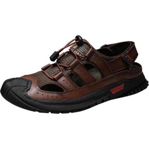 2021 New Arrive Men Fashion Genuine Leather Beach Sandals Hook and Loop Aqua Shoes Mesh Breathable Upstream Male Water Shoes