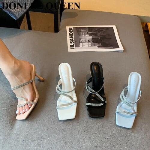 New Brand Slippers Women Fashion High Heel Square Toe Slides Rhinestone Sandal Slip On Mule Shoe Elegant Party Dress Bling Mujer