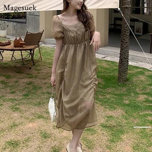 French Style Square Collar Loose Women Dress 2021 Vingate Puff Short Sleeve Summer Dress Party Casual Long Dress Vestidos 14104