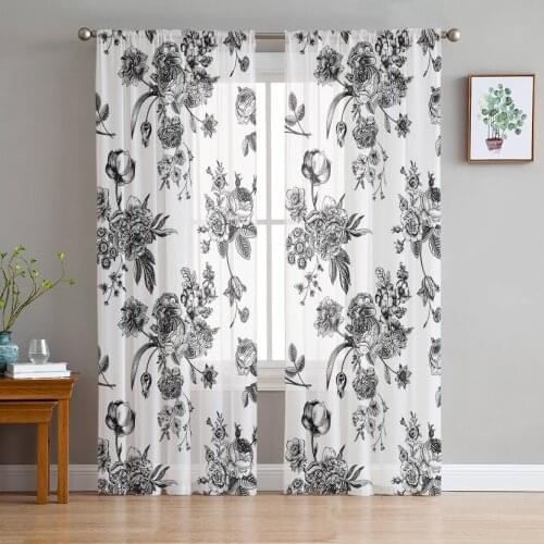Victorian Black And White Flower Plant Sheer Curtains for Living Room Tulle Curtain for Bedroom Kitchen Window Voile Curtains