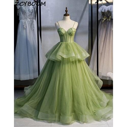 Green A-Line Prom Dresses 2021 Women Formal Party Night Vestidos De Gala Tulle Spaghetti Straps Long Graduation Evening Gowns