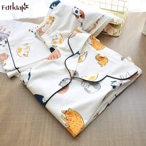 Fdfklak Ladies knitted pajamas set spring summer cotton home clothes two-piece casual loose pijama female sleepwear pyjama women