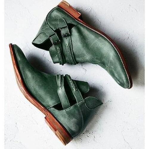 2021 Women Ankle Boots Chaussure Booties Vintage PU Leather Plus Size Low Heels Buckle Matin Shoes Woman Zapatos Mujer Sapato