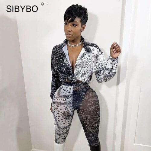 Sibybo Casual Print Patchwork Two Piece Set Women Summer Outfits 2021 Long Sleeve Satin Blouse And Mesh Leggings Matching Sets