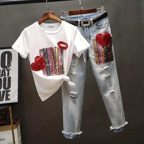 Spring Women Two Piece Outfits Loose Love sequin short sleeve T Shirt + Holes Denim Pants Female T Shirt Sets Suit