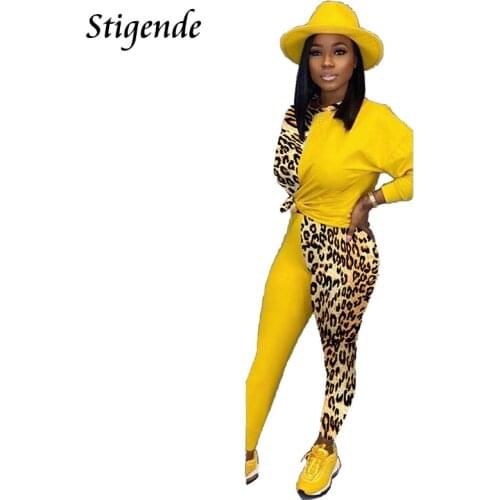 Stigende Fashion Leopard Print Two Piece Outfits Women Fall Patchwork 2 Piece Casual Sets Sexy Long Sleeve T Shirt and Pant Set