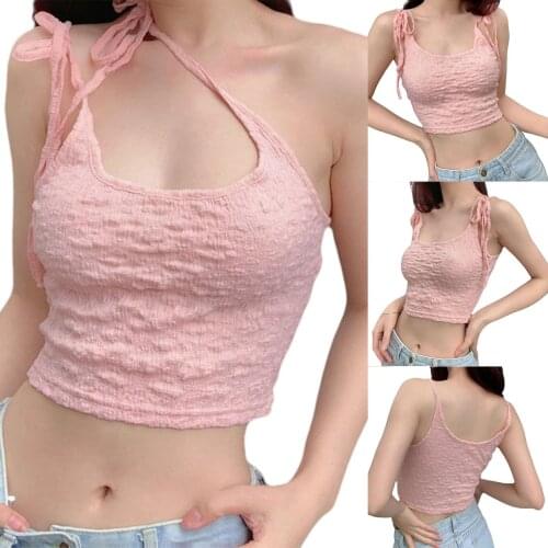 Womens Sexy Bowknot Straps Sleeveless Camisole Plain self-tie Slim Short Vest Tops U-neck Wrapped Chest Backless Navel Vest /F