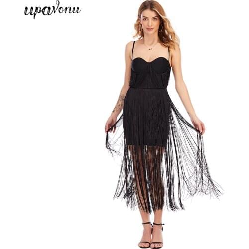 Free Shipping 2021 New Fashion Womens Black Fringed Bandage Dress Sexy Spaghetti Strap Bodycon Halter Dress Club Party Vestidos