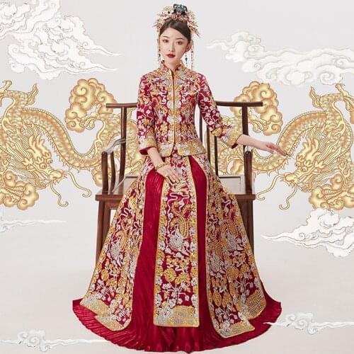 Women Dragon Phoenix Embroidery Modern Cheongsam Red Chinese Traditional Wedding Dress Long Qipao Oriental Style Dresses