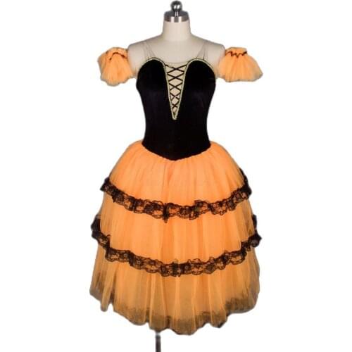 Spanish Long Ballet Tutu Black Velvet Black Top Bodice Orange Tulle Ballet Costumes Dance Tutu Ballerina Dance Costumes