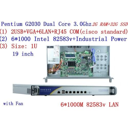 1U firewall server 2G RAM 32G SSD with 6*1000M 82583V Gigabit Intel Pentium G2030 3.0GHZ support ROS Mikrotik PFSense Panabit
