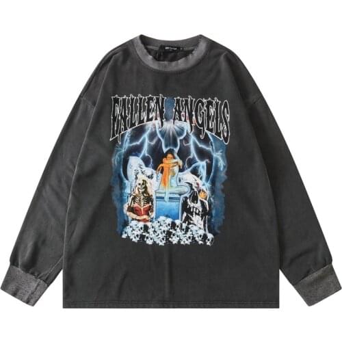 2021 Dark Streetwear Skeleton Demon Print Retro Wash Men Hip Hop Sweatshirts Pullover Tshirts Long Sleeve Punk Vintage Clothes