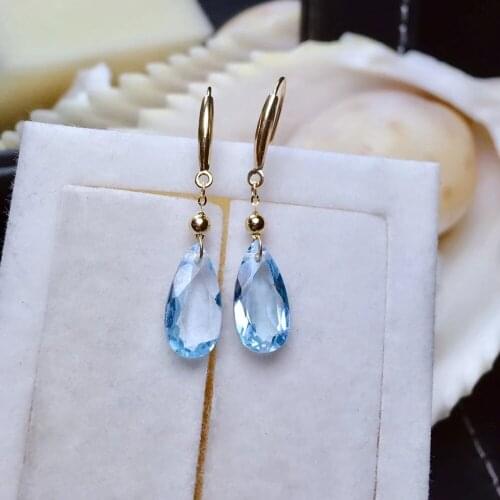Elegant water drop natural blue topaz gem drop earrings Natural gemstone earrings 18k yellow gold girl women party gift jewelry
