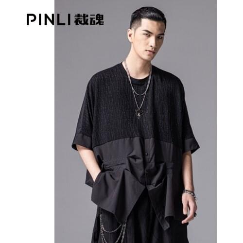 Free shipping New Mens Male Summer dark loose hem stitching tailoring round neck personality short-sleeved t-shirt BC211111067