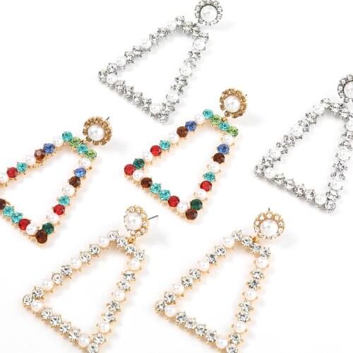 JIJIAWENHUA New Trend womens Rhinestone Trapezoidal Imitation Pearl Drop Earrings Temperament Statement Fashion Jewelry