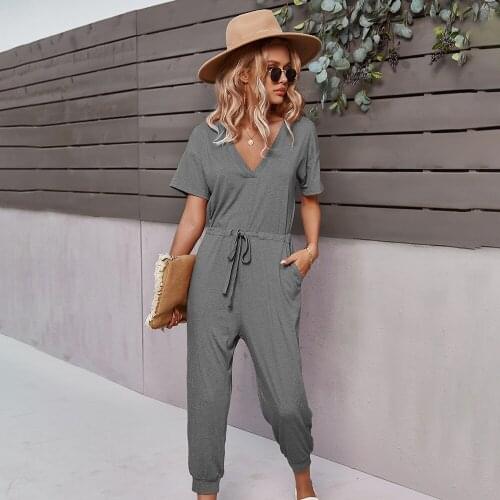 Women solid jumpsuits Casual V-neck short sleeve Summer jumpsuits 2021 female elastic waist slim summer jumpsuits