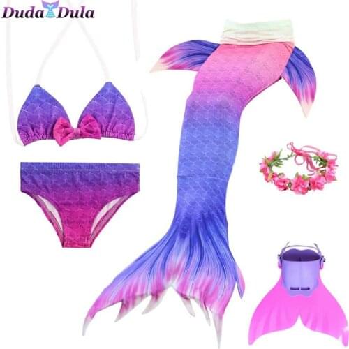 5pcs/Kids Girls Mermaid Tails For Swimming Fin Swimsuit Bathing Suit Tail Mermaid Wig Girls Add Flipper Monofin Cosplay Costumes