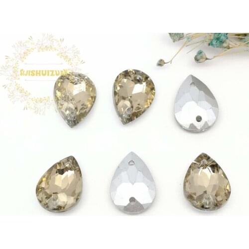 Light coffee water-drop shape Glass Crystal sew on rhinestones with two holes Diy wedding dress accessories Free shipping