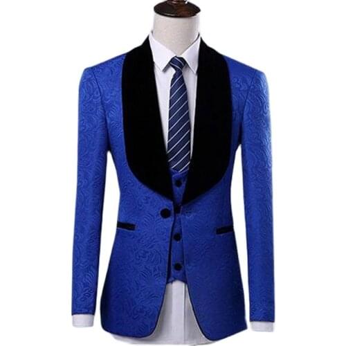 Real Photo Royal Blue Paisley Groom Tuxedos Men Prom Party Business Suits Blazers Clothing Sets (Jacket+Pants+Vest+Tie) W:1096