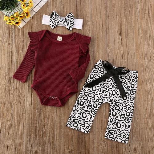 New Autumn Fashion Newborn Baby Girl Boy Solid Romper Jumpsuit Leopard Pants 3PCS Outfit Clothes 0-18M