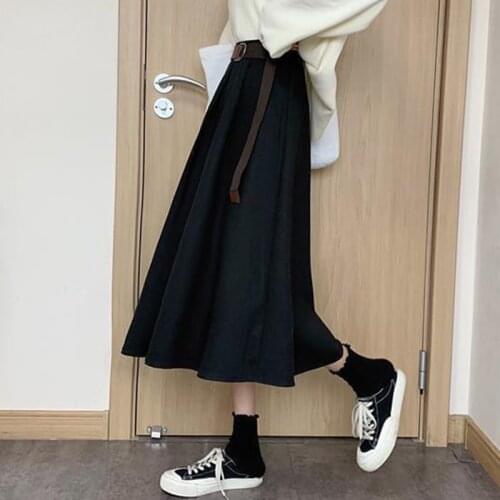 Solid Skirts Women Mid-calf High Waist Friends Korean Style Elegant College Spring Autumn All-match Jupe Mujer Faldas Female Ins