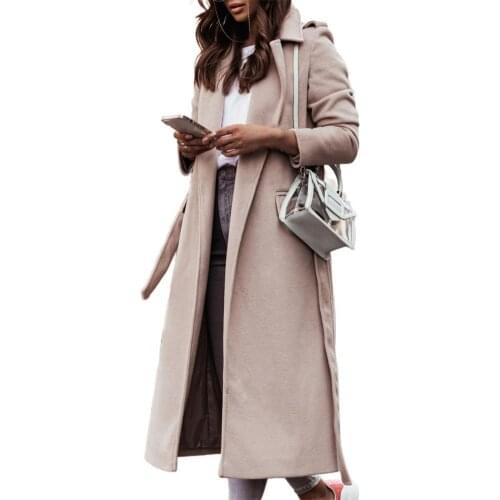 Women Oversize Coat Solid Color Belt Autumn Winter Turndown Collar Split Hem Long Coat Long Sleeve Elegant Office Jacket Female