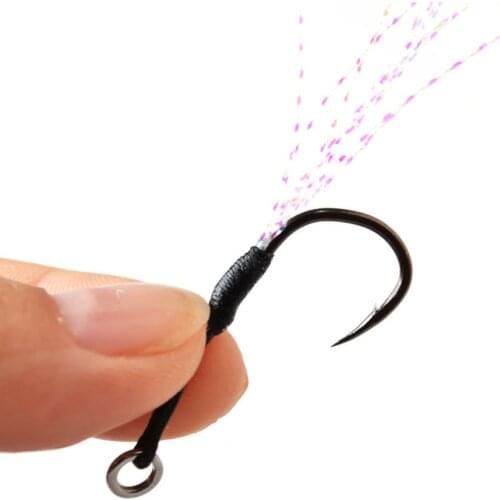 TOMA 6pcs/lot 12# 14# High Carbon Steel Fishing Hooks Assist Barbed Single Jig Hooks Black Nickel Thread Feather Pesca