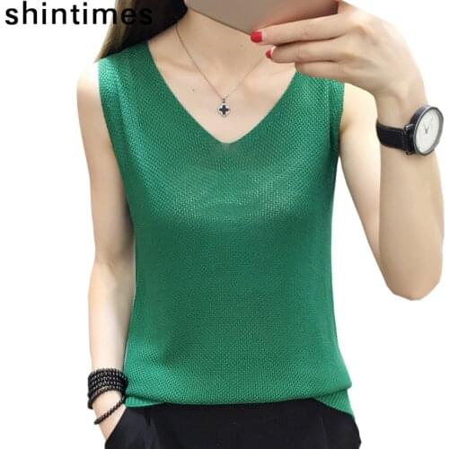 Shintimes Basic Summer Tops Fashion White Black Tank Top Women 2019 V-neck Loose knitted Top Sleeveless Sexy Womens Clothes