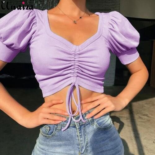 Unaiza Women Pleated Short-Sleeved Top Women Sexy Crop Top Navel V-neck Hedging 2021 Solid Color Slim New Fashion Casual T-shirt