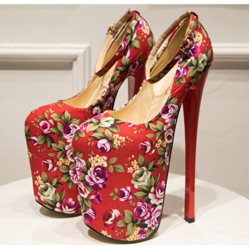 Sexy 22cm Ultra High Heels Fetish Shoes Woman Fashion Silk Flower Ethnic Print Platform Pumps Women Heeled Party Shoe Large Size