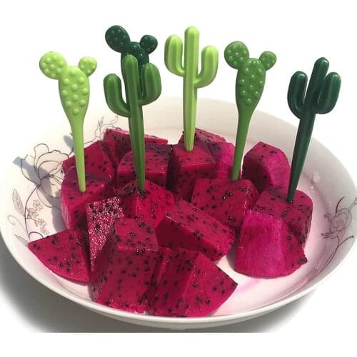 6pcs/pack Kids Tableware Fruit Fork Food Picks Green Cactus Fruit Forks Plastic Toothpick