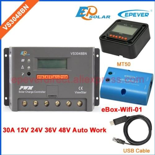 Charger 12v 24v 36v 48v auto work solar battery controller VS3048BN PWM EPEVER wifi BOX and USB cable remote meter MT50 30A