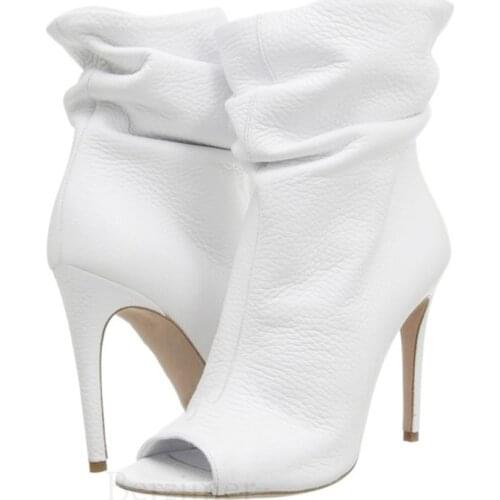 BERZIMER Slip On Ankle Boots for Women Spring Summer Peep Toe Stiletto Heels Booties Pleated Zapatos Shoes Woman Big Size 45 47