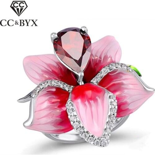 CC Hyperbole Jewelry Rings For Women Rose Flower Shaped Red Water Drop Cubic Zirconia Stone Party Gift Drop Shipping CC2311
