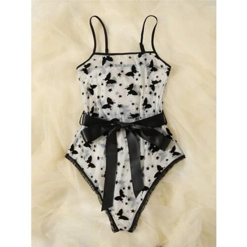 Women Mesh Short Romper Teddy Erotic Lingerie Butterfly Print Transparent Sling Jumpsuit with Waistband Porn Babydoll Costumes