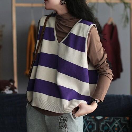 FairyNatural Women V-neck Casual Vintage Knitted Vests 2021 Autumn Spring Loose Ladies Striped Fashion Vest