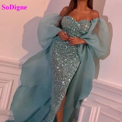 SoDigne Mermaid Prom Dresses Sexy Illusion Beading Sparkly Sequins Evening Gown Sexy Ruffles Formal Dress