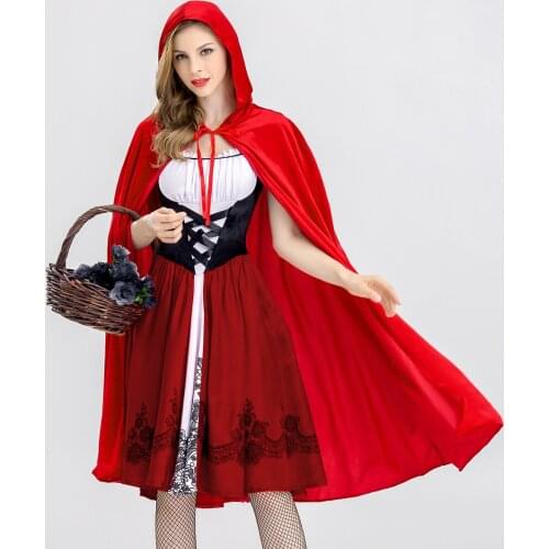 Women Halloween Dress Cloak Set Retro Dress with Red Hooded Cloak Gothic Criss-cross Knee Length Dress Cosplay Party Costumes