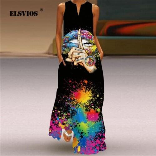 2021 Summer V Neck Sleeveless Pocket Long Dress Women Eyes Lips Printed Dress Casual Loose Plus Size Streetwear Dresses Vestidos